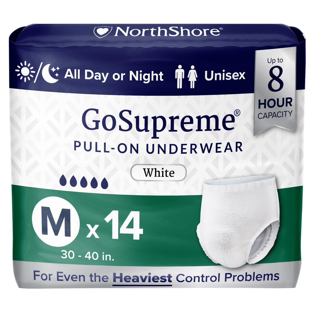NorthShore GoSupreme Overnight Pull-On Underwear, 8-Hour Leak Protection, Medium, 14-Count Bag, White, (30-40 in Waist), Unisex Adult Diapers