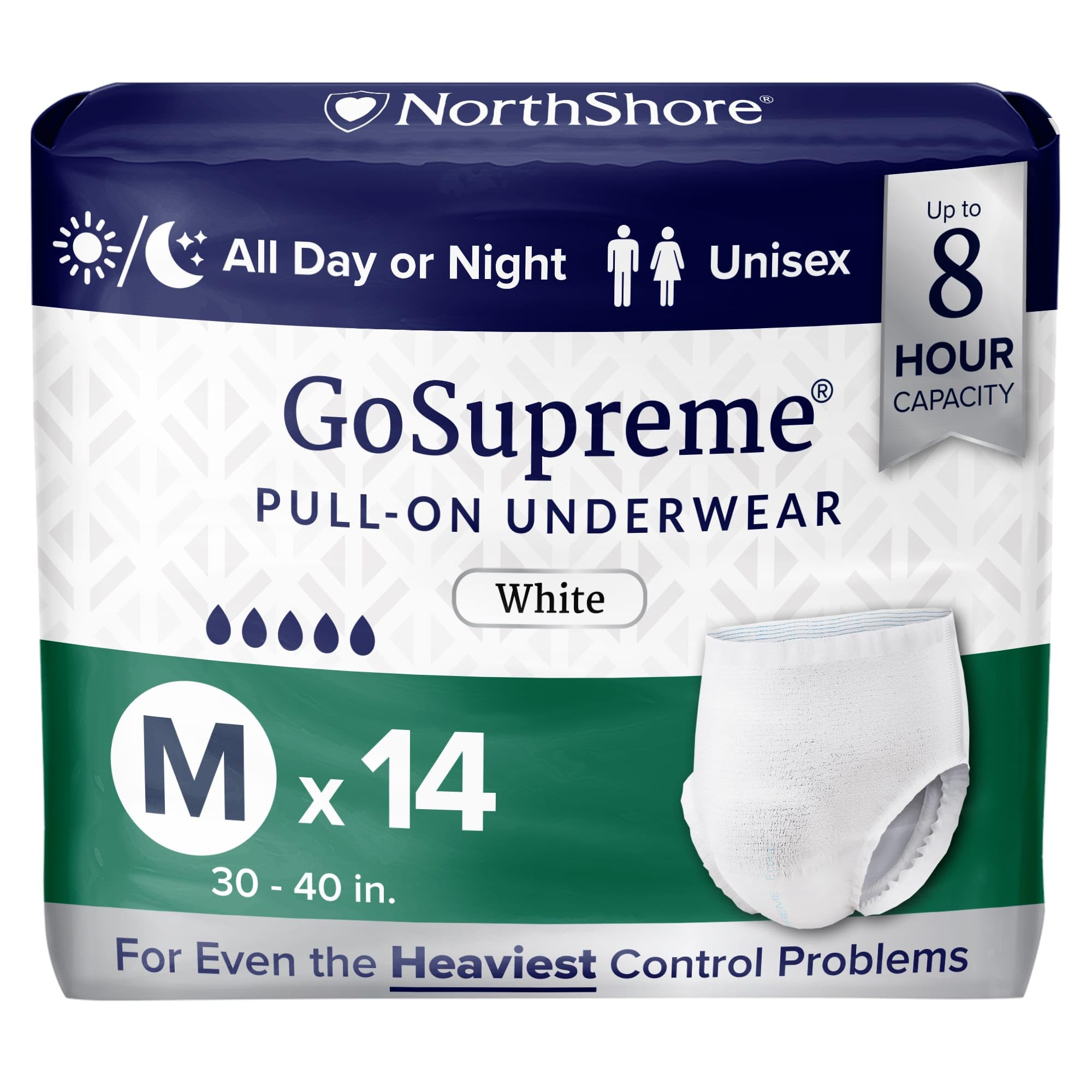 NorthShore GoSupreme Overnight Pull-On Underwear, 8-Hour Leak Protection, Medium, 14-Count Bag, White, (30-40 in Waist), Unisex Adult Diapers