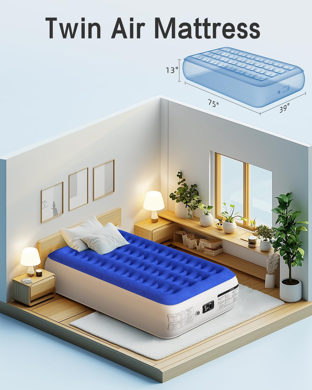 Xsleep Twin Air Mattress with Built in Pump Luxurious Comfort Raised Inflatable Mattress Twin Airbed Blow Up Mattress for Home and Guests 75"*39"*13" Air Bed 2 Minutes Fast Inflate/Deflate 330 lbs Max