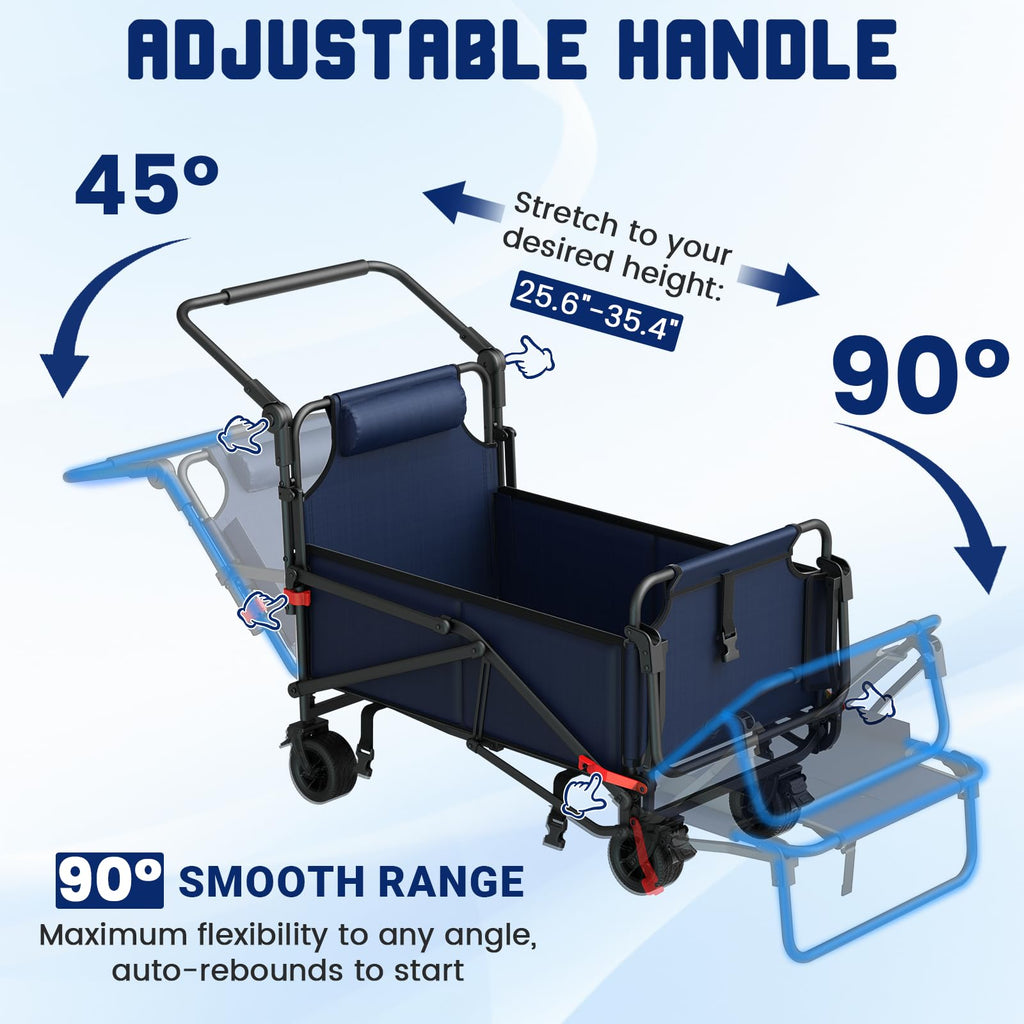 LEVELEVE Heavy Duty Folding Wagon - 2-in-1 Collapsible Cart, All-Terrain Wheels w/Brakes & Side Pockets (Blue,650lb Capacity)