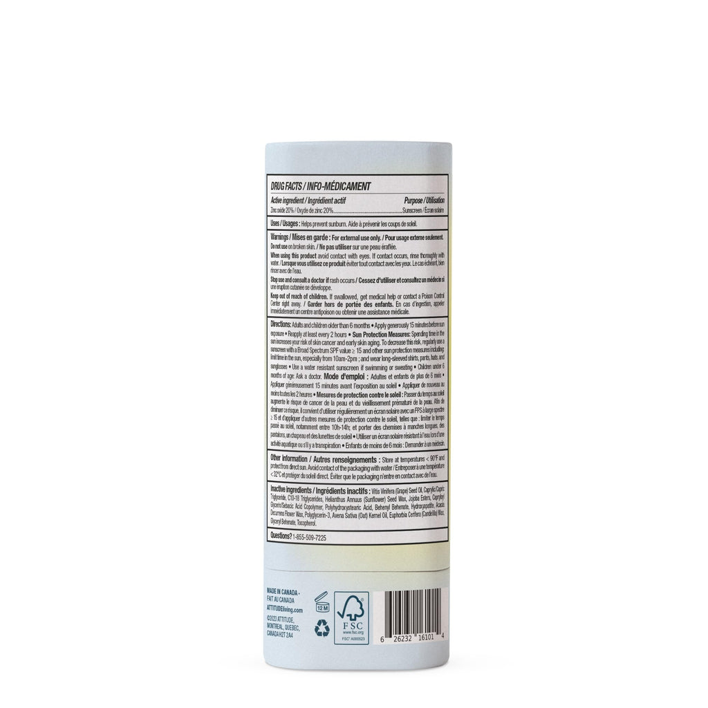 ATTITUDE Mineral Sunscreen Face Stick for Sensitive Skin, SPF 30, EWG Verified, Plastic-Free, Broad Spectrum UVA/UVB Protection with Zinc Oxide, Dermatologically Tested, Vegan, Unscented, 0.7 Ounce