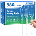 BYSNOW 360 Count Extra Heavy Duty Plastic Silverware, BPA-Free, Heat Resistant, Disposable Clear Plastic Utensils Set, Plastic Cutlery Set, Plasticware Bulk for Parties, Events and Everyday Use