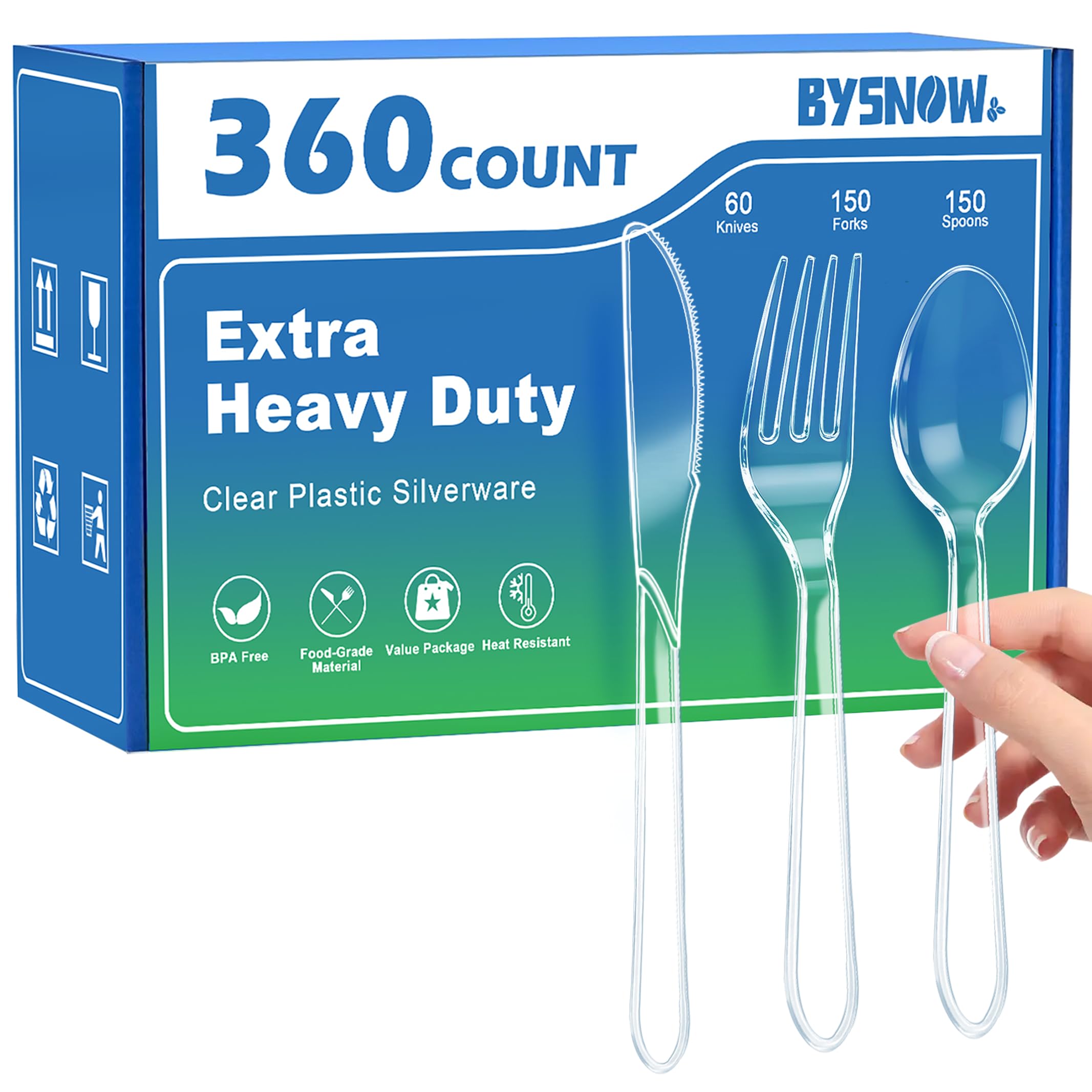 BYSNOW 360 Count Extra Heavy Duty Plastic Silverware, BPA-Free, Heat Resistant, Disposable Clear Plastic Utensils Set, Plastic Cutlery Set, Plasticware Bulk for Parties, Events and Everyday Use