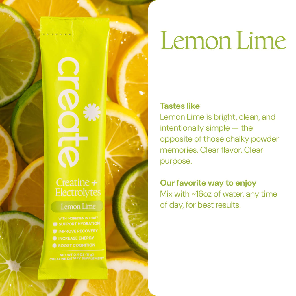 Create Creatine + Electrolytes Mix - Creatine Monohydrate Stick Packs, Supports Energy and Hydration, NSF Certified for Sport, 30 Count, Lemon Lime