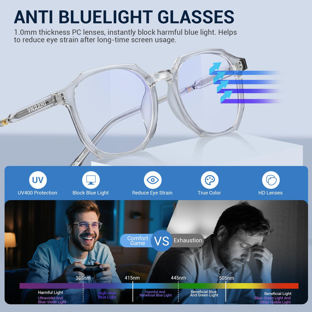 Ynaahi Blue Light Glasses for Men Women, Blue Light Blocker, 99% UV Protection. Ideal for Computer Use, Gaming, Reading.