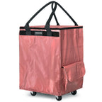 CIMAZHEN (Medium,Pink) Reusable Grocery Bag on 4 Wheels, 70L Foldable Rolling Tote Bag with 3 Handles and Zipper, Rolling Shopping Cart for Groceries, Storage, Laundry, Travel, Organizer, 76lb