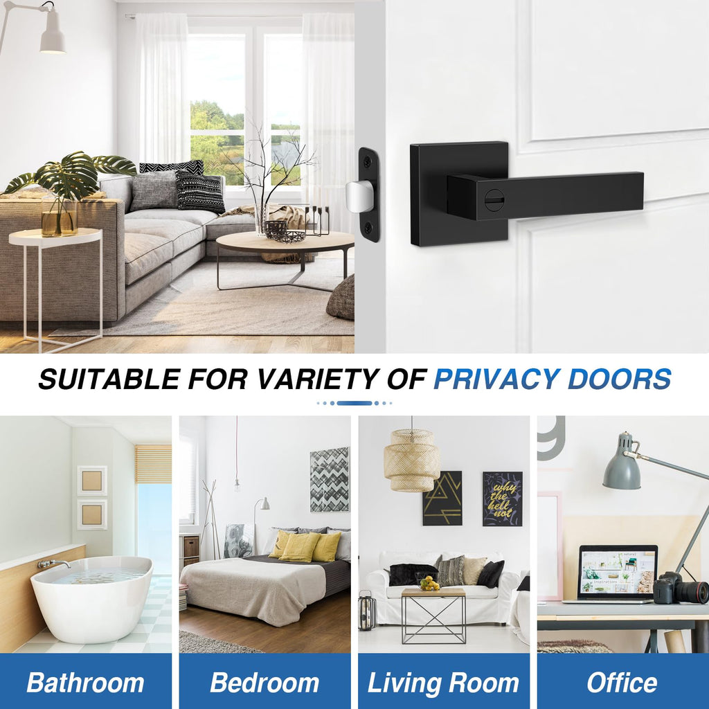 Plustool 3 Pack Matte Black Door Handles, Keyless Interior Door Knobs, Privacy Door Lever Locksets for Bedroom Bathroom, Heavy Duty Square Door Lock, Reversible for Left&Right Handled Doors