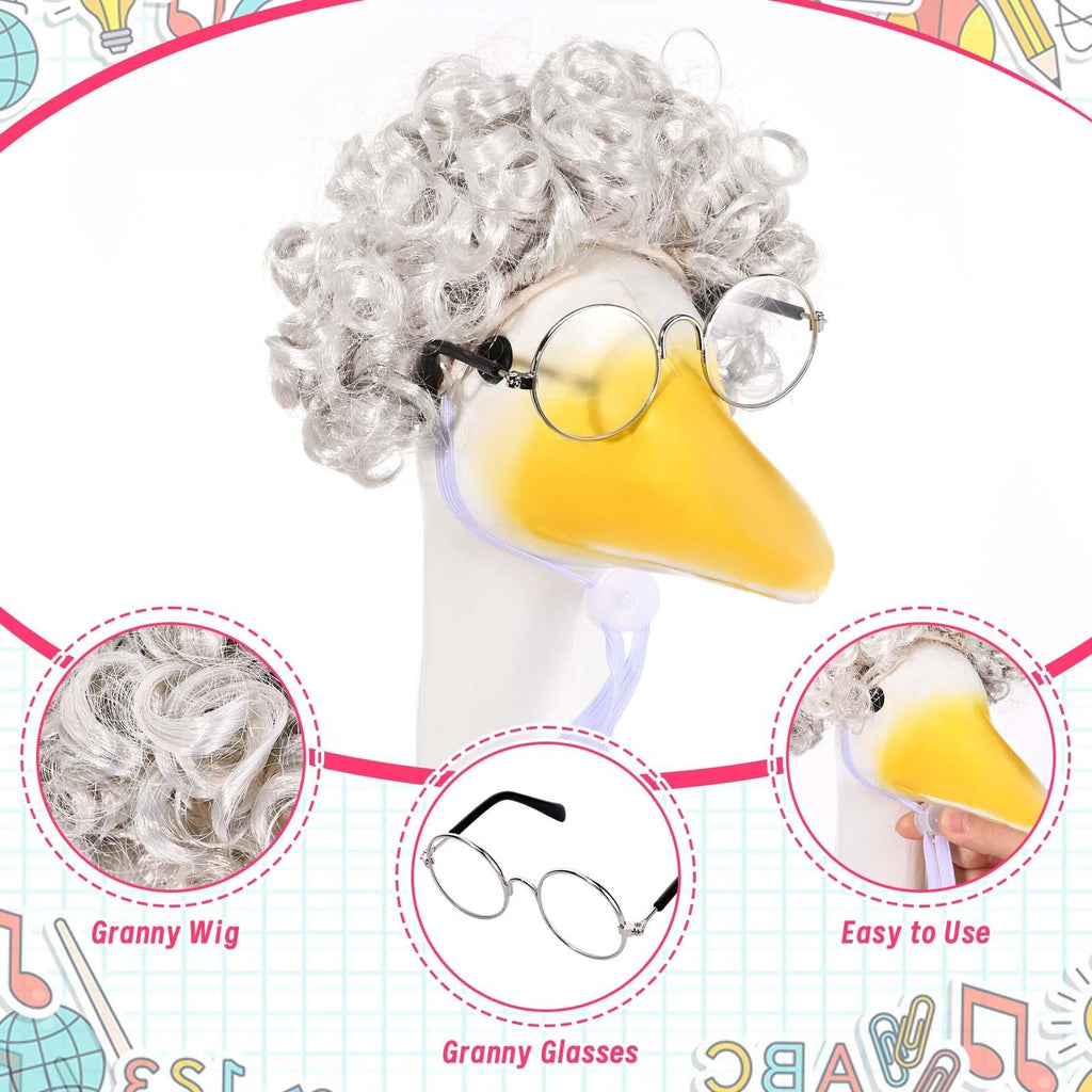 JcHrmers Old Lady Goose Outfits Porch Goose Clothes Fits 23" Cement Plastic Goose Statue Grandma Goose Outfit with Wig Glasses Pearl Necklace for School Outdoor Garden Lawn Yard Patio Art Decor