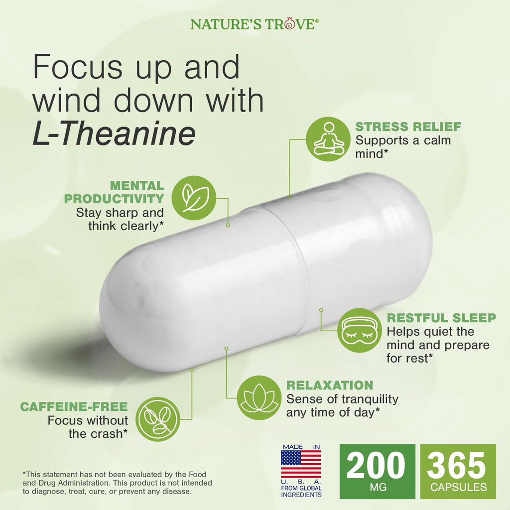 Nature's Trove L-Theanine 200mg Super Value Size - 365 Vegetarian Capsules