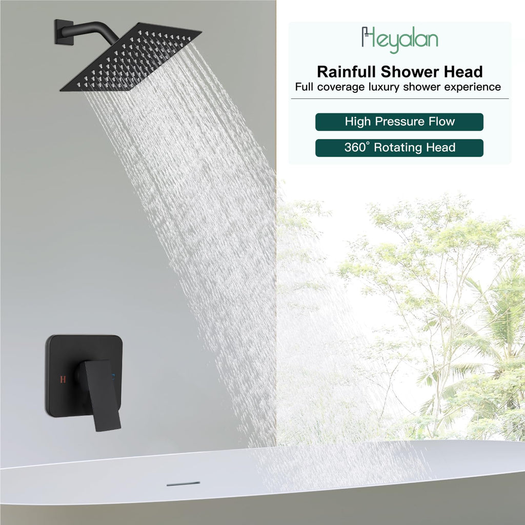 Heyalan Shower Faucet Set with Valve, Bathroom Rainfall Shower System, Wall Mount Single Handle Shower Trim Kit, Rainfall Fixed Shower Head, 8 Inch Square Shower Head, Matte Black