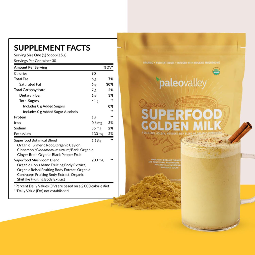 Paleovalley Organic Superfood Golden Milk - Immune, Focus, Cognitive, Longevity - Turmeric, MCT-Rich Coconut Milk, Functional Mushrooms, 30 Servings