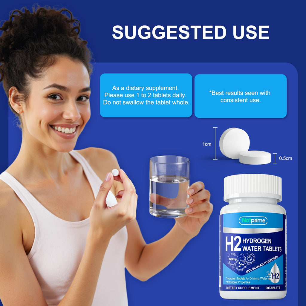 Natprime Hydrogen Water Tablets - H2 Molecular Hydrogen Tablets for Drinking Water with Magnesium, 12 PPM Mineral Supplements for Antioxidant, Mental Clarity, Cognitive, Recovery & Energy - 90 Counts