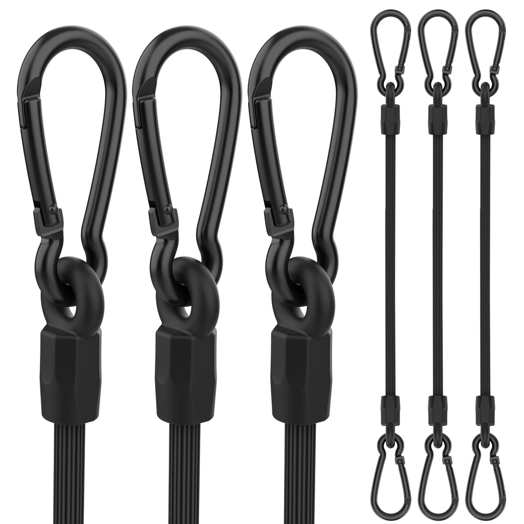 Bungee Cords with Hooks, 8 Inch Long Heavy Duty Bungee Cords with Carabiner Clip Outdoor, 1/3 Inch Black Extra Strong Elastic Rope with Carabiner Hooks for Camping, Tarps, Bike Rack, Tent, 6 Pack