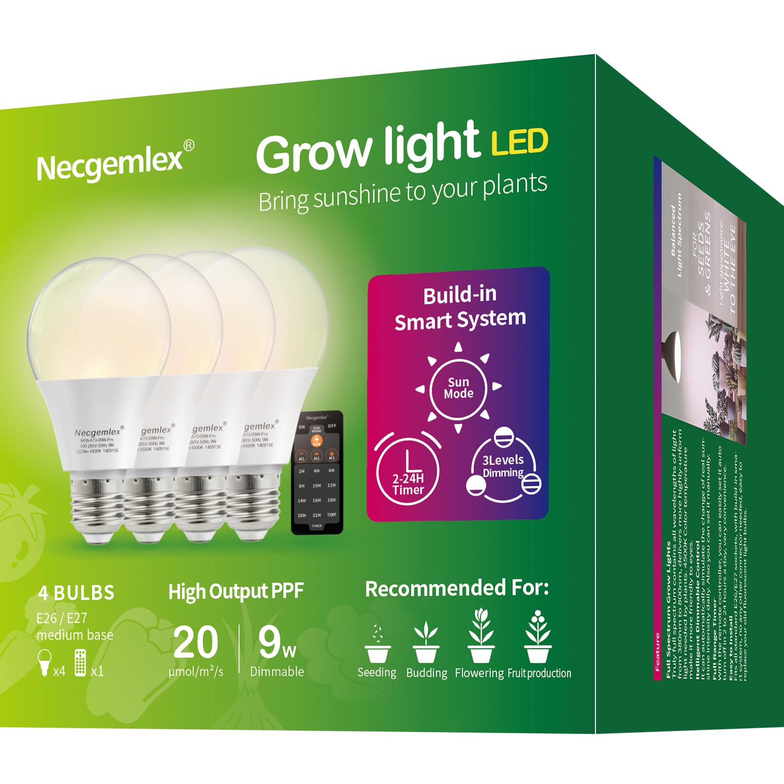 Smart Grow Light Bulbs for Indoor Plants, Programmable Timer and Dim