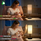Touch Bedside Table Lamp with Memory - Stepless Dimmable Lamp for Bedroom, Small Nightstand Lamp with Dual USB Charging Ports and AC Outlet, Wood Night Light, Deak Lamp for Nursery (Beige & Brown)
