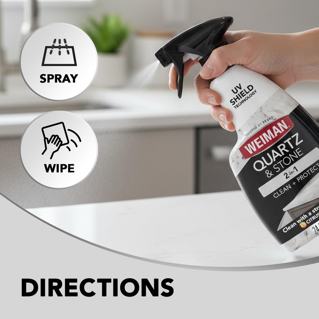 Weiman Quartz Countertop Cleaner and Polish - Clean and Shine Your Granite, Marble Countertops, Kitchen Island, and Stone Surfaces with UV Anti-Fade Protection, Citrus, 24 Ounce with Microfiber Cloth