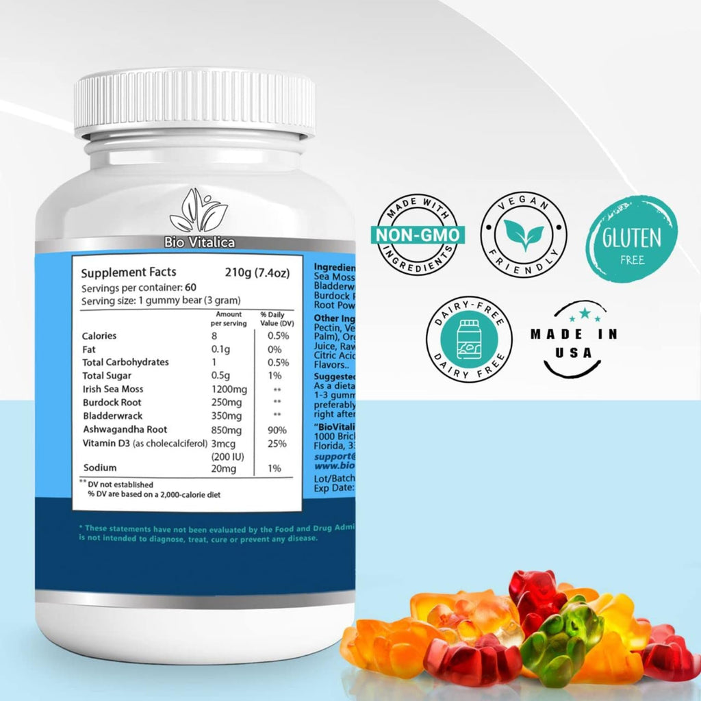 BIO VITALICA Sea Moss Ashwagandha Gummies - Organic Irish Sea Moss Blended with Burdock Root & Bladderwrack - Natural Energy & Calm Support for Adults - 5 Packs
