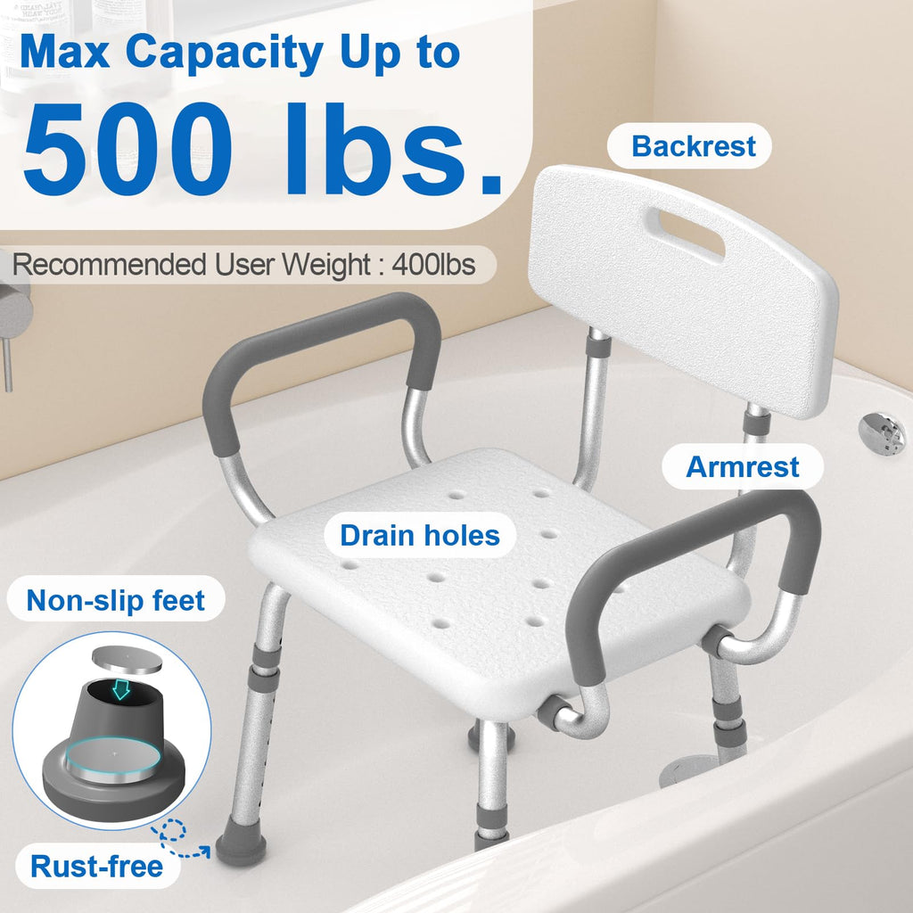 HOMLAND Shower Chair for Inside Shower with Arms and Back, 500 lbs Heavy Duty Shower Seat for Bathtub, Height Adjustable Safety Bath Seat for Elderly, Adults, Handicap and Disabled, White