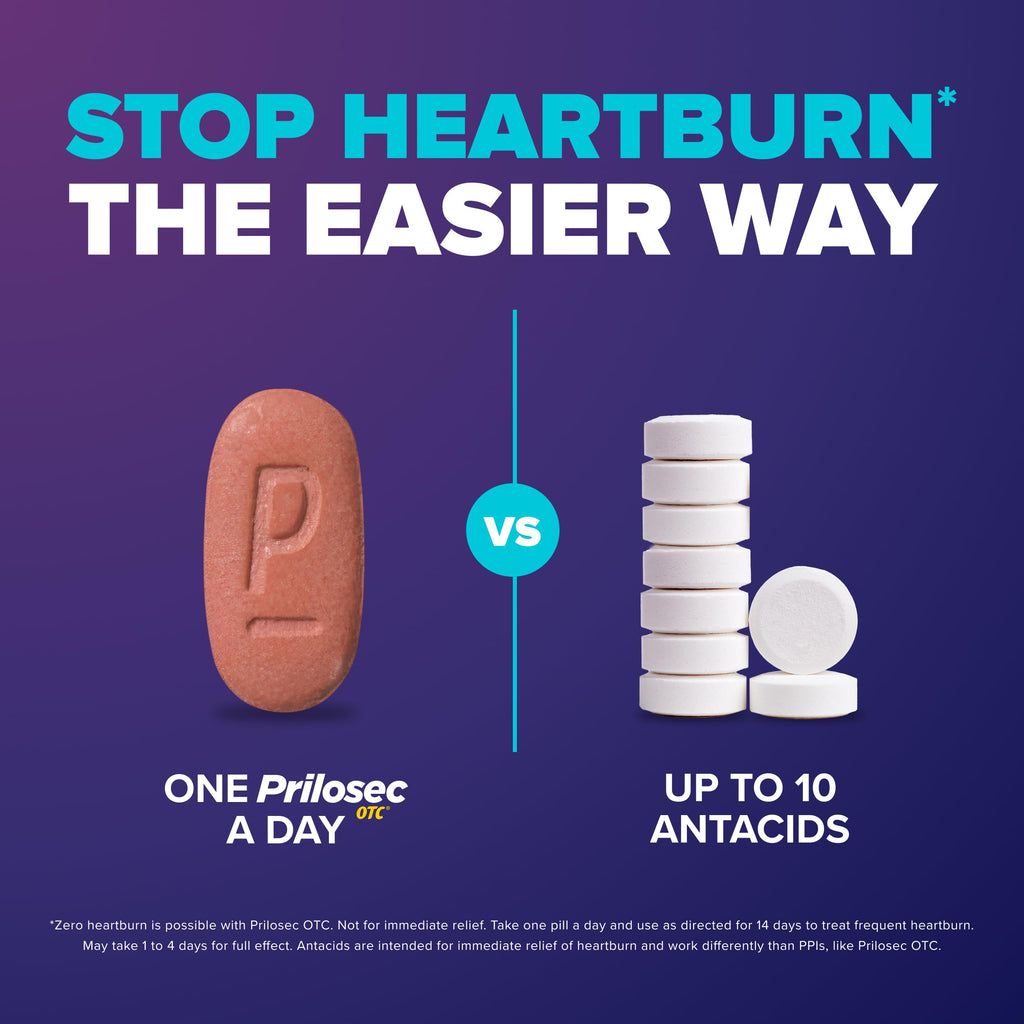 Prilosec OTC, Omeprazole Delayed Release 20mg, Acid Reducer, Treats Frequent Heartburn for 24 Hour Relief, All Day, All Night*, Heartburn Medicine, 20mg, Wildberry Flavor, 42 Tablets