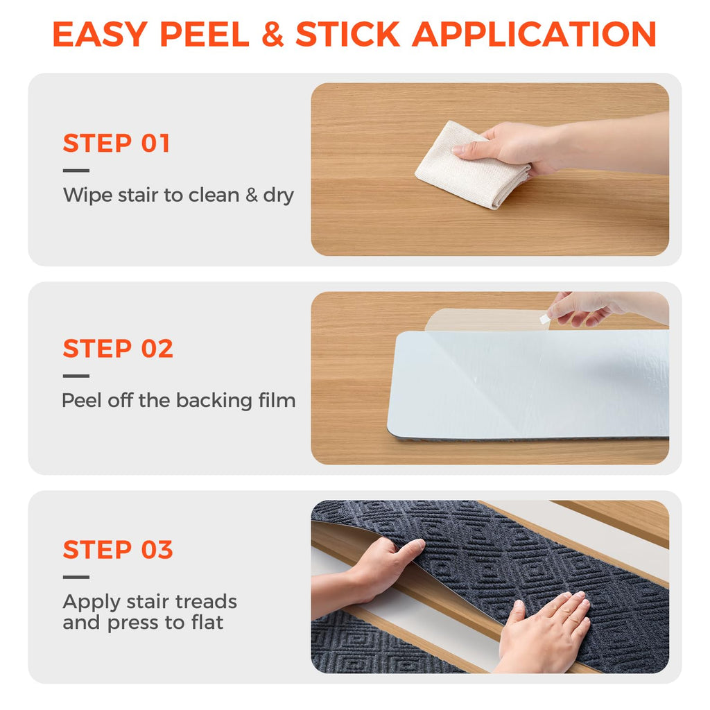 BAGAIL 15 Pack Non-Slip Stair Treads for Wooden Steps, 8"x30" Peel and Stick Carpet Stair Runners, Machine Washable Indoor Step Covers with No-Residue Adhesive for Dogs, Kids & Elderly - Bluish Grey