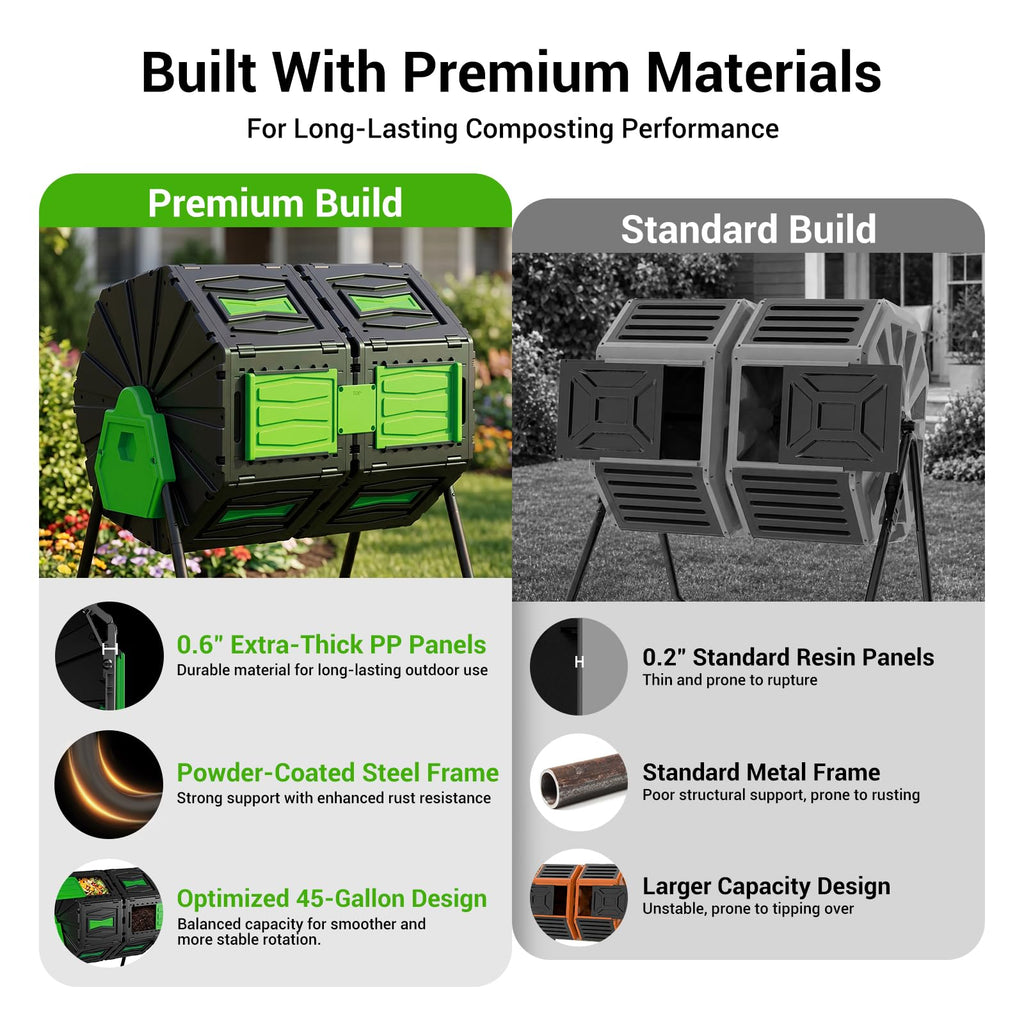 Compost Tumbler, Easy Assemble & Efficient Outdoor Compost Bin, 45 Gallon/170 Liter Large Dual Chamber Rotating Composter for Garden, Kitchen, and Yard Waste, Green Door