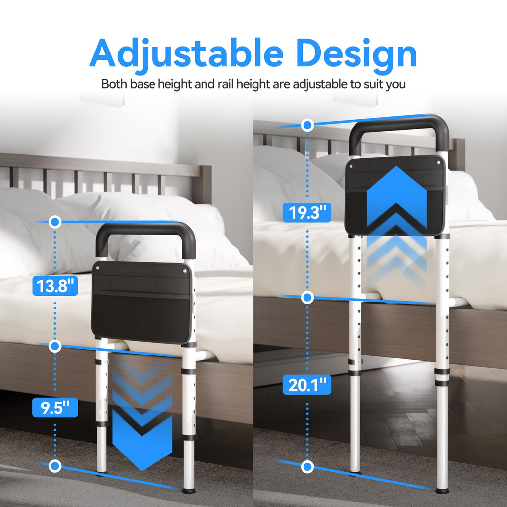 Josmimic Bed Rails for Elderly Adults Safety - Height Adjustable Bedrail with Storage Pocket and Non-Slip Handle Bar for Getting in&Out of Bed, Hold up to 300LBs - Fits Twin Full Queen King,Black