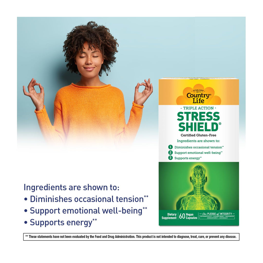 Country Life Stress Shield – Stress & Tension Relief Supplement with Ashwagandha, B-Vitamins for Energy & Emotional Well-Being, Supports Mental Clarity & Resilience, Gluten-Free, Vegan, 60 Capsules