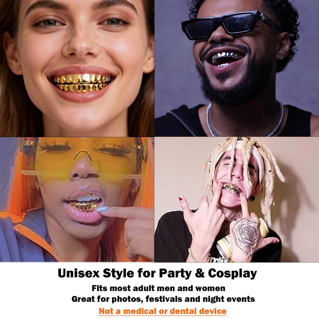 JINAO Grillz Teeth Men - Grills for Your Teeth 8 Top & Bottom Set, 18K Gold-Plated Brass Dental Grills with Molding Bars, Unisex Hip-Hop Rapper Costume Accessory(Iced Silvery Set)