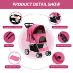 Unisakey 4 Wheels Pet Stroller for Small Medium Dogs Cats 10-33 lbs, Foldable Dog and Cat Stroller with Cup Holder & Storage Basket & Breathable Mesh, Pet Strolling Cart for All-Season, Pink