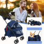 sxvbdway 4 Wheels Pet Stroller for Medium Small Dog up to 50lbs, Dog Cat Stroller, Outdoor Travel Pet Folding Strollers, Cat Cage Strollers with Cup Holder, Breathable and Visible Mesh (1 Set-Blue)