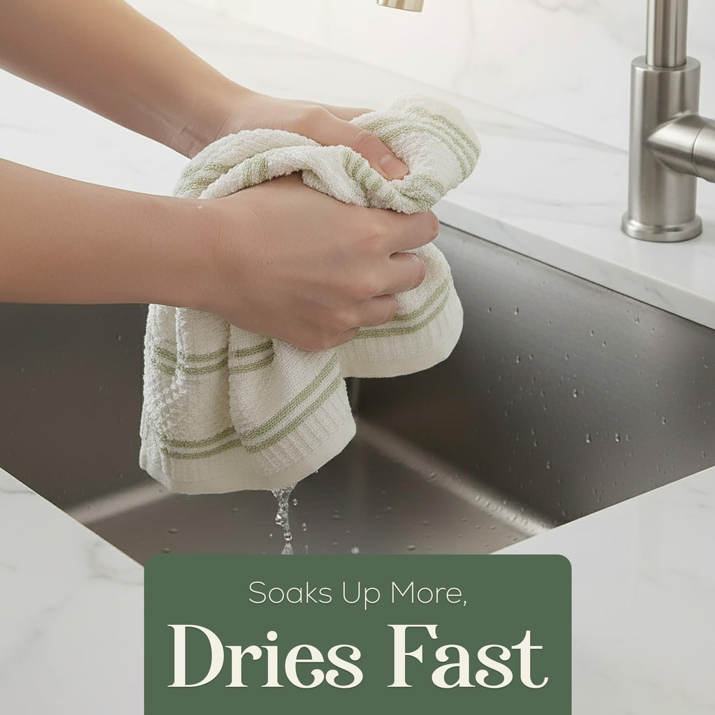 MosJos Kitchen Towels, Cotton Hand Towels, Sage Green and Cream Ribbed - Mini Weaved Stitched Set of 4 Absorbent Hand Drying Cloths, 18 x 28 Kitchen Linens