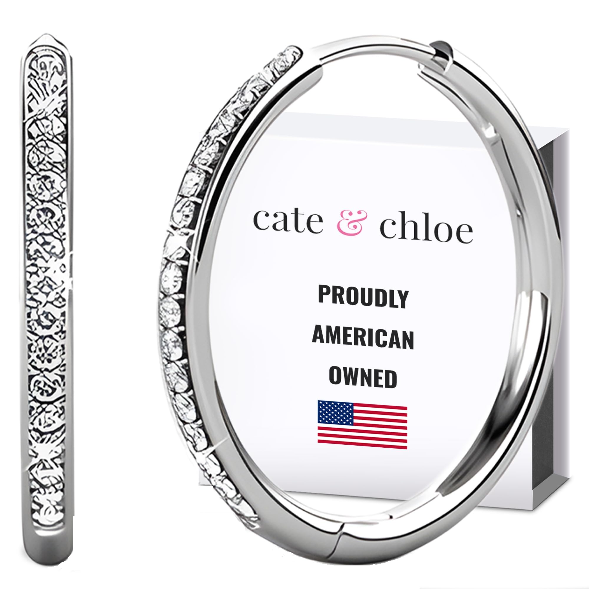Cate & Chloe Bianca 18K White Gold-Plated Hoop Earrings |Dainty Jewelry for Women | Round Cut Simulated Diamond Crystals | 25mm Sparkling Small Hoops | Mother's Day, Birthday Gift for Her