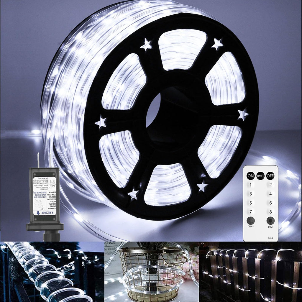 100Ft 720 LED Rope Lights for Outside with Remote & Plug - Cool White