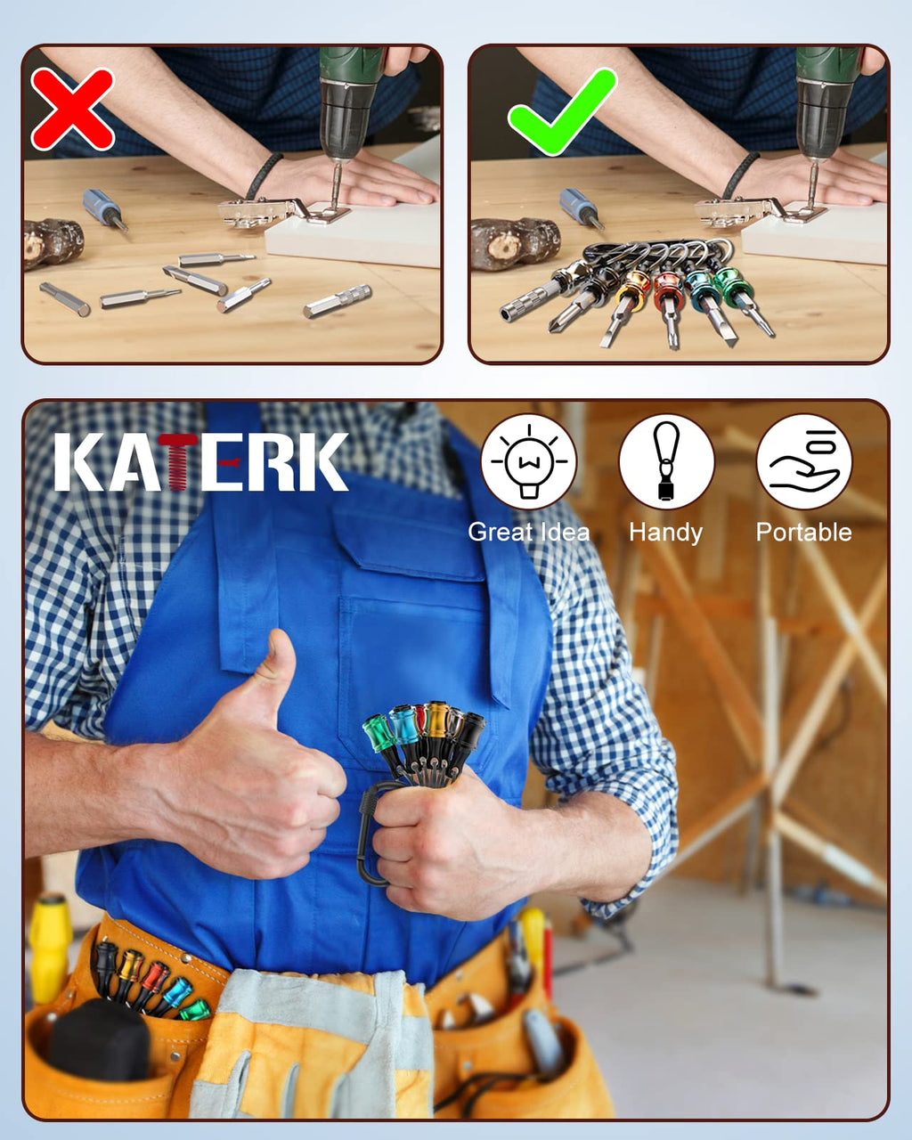Katerk 6pcs 1/4 inch Hex Shank Aluminum Alloy Screwdriver Bits Holder 2 Sets, Light-weight Quick-change Extension Bar Keychain Drill Screw Adapter Change Portable (With Black Carabiner)
