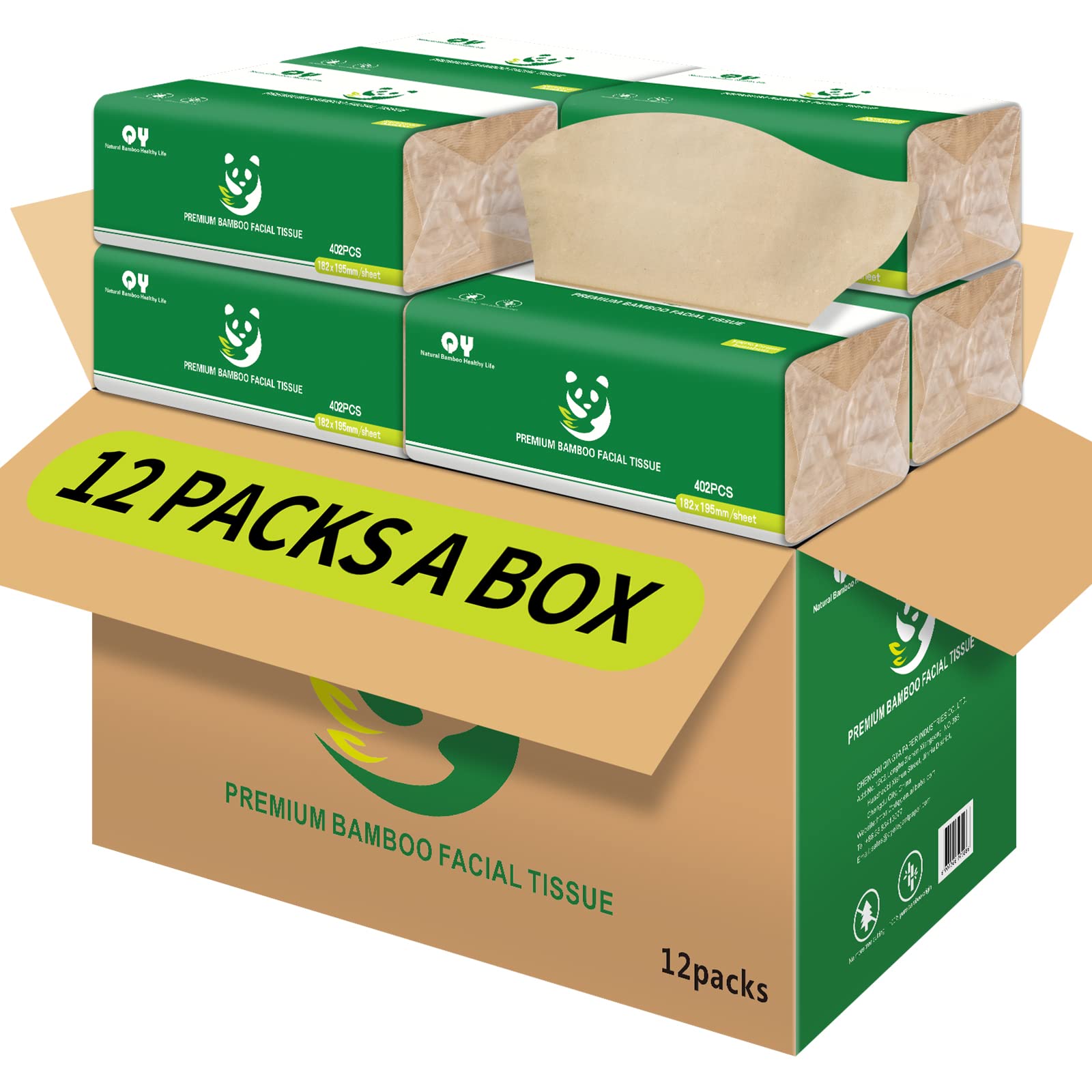 Soft Durable Bamboo Facial Tissues - 3 Ply Natural Unbleached Facial Paper Dry or Wet Use 12 Packs（134 Tissue per Pack, 1608 Tissues Total）
