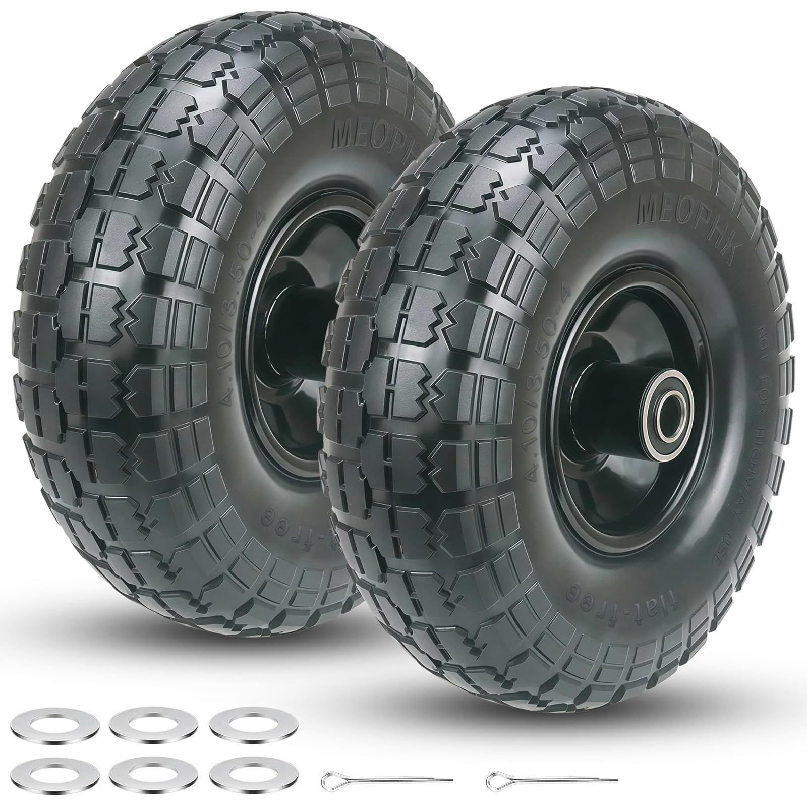 Meophk 4.10/3.50-4 Flat Free Tire and Wheel, 10 Inch Replacement Wheels for Gorilla Cart, Hand Truck, Dolly & Utility Cart, Solid Tire with 5/8" Axle Bore Hole and Double Sealed Bearings, 2 Pack