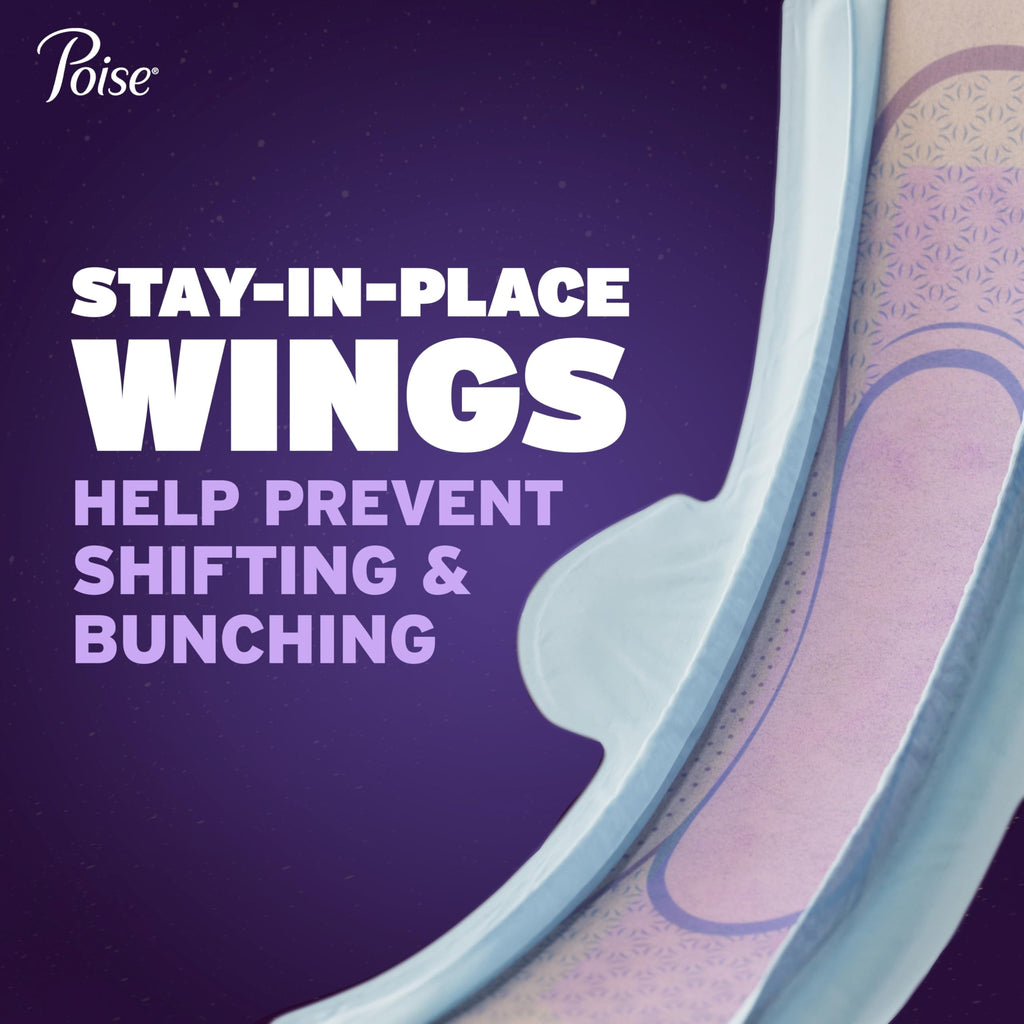 Poise Overnight Ultra Thin Incontinence & Postpartum Pads with Wings for Bladder Leaks, 8 Drop Extra Absorbent, Long Length, 20 Count