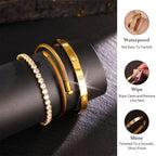 JUNVirtuous 3-Pack Gold Bracelets for Women,18K Gold Plated Bangle Tennis Bracelets Stack Set for Women Trendy Non Tarnish Stainless Steel Gold Bangles Accessories Designer Jewelry Pulseras Para Mujer