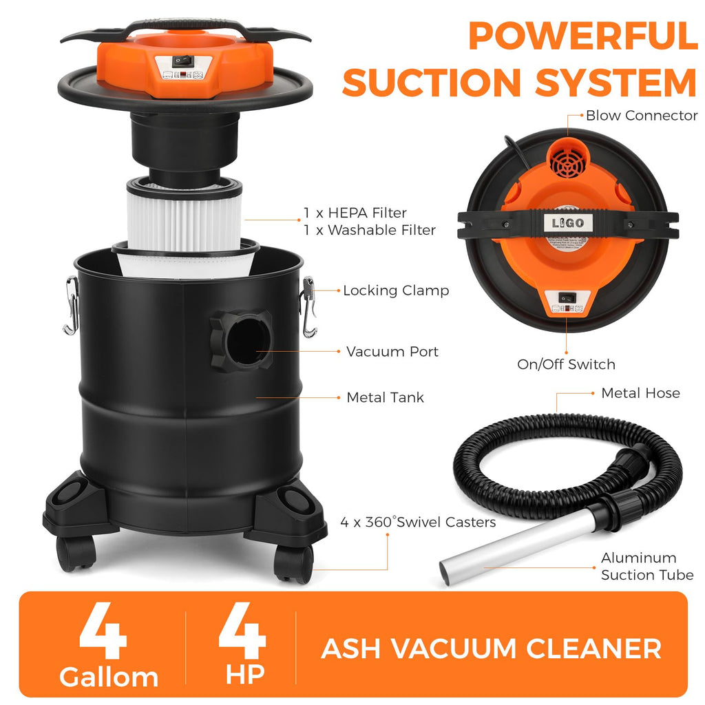 LIGO Ash Vacuum, Pellet Stove Vacuum Cleaner with Blower Function, 3.3 Gallon 1000W, Washable Fliter and HEPA Fliter, with 3 Swivel Casters,Ash Dust Collector for Pellet Stoves, Fireplaces