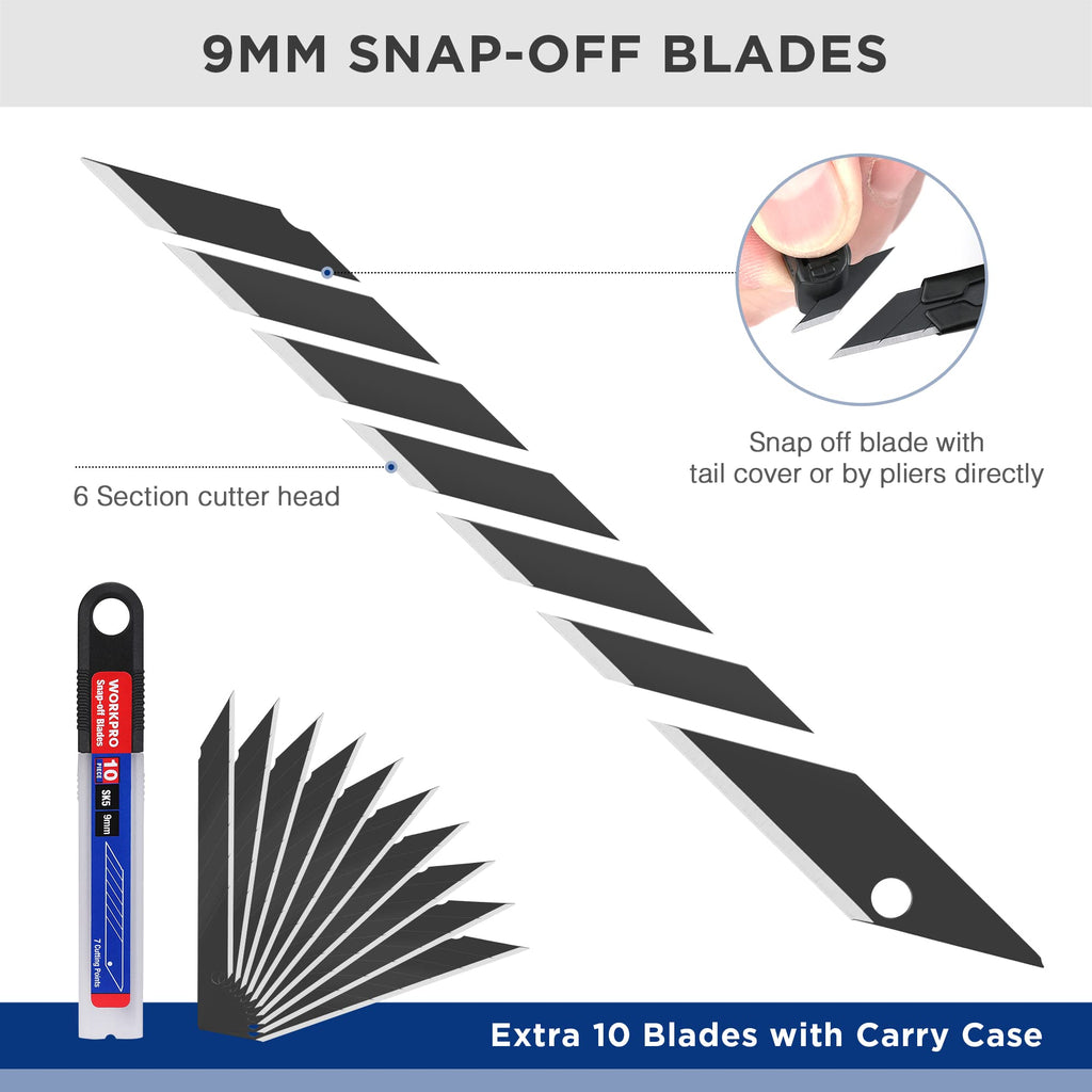 WORKPRO Premium Utility Knife Retractable Snap-off Blade, Heavy Duty Aluminum Box Cutter Set, Razor Knife Exacto Craft Knives, with 10 Extra 9mm Blades, Pack of 5