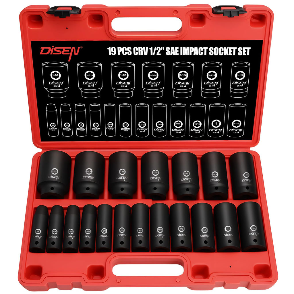 DISEN 19 Pcs 1/2" SAE Impact Socket Set, Deep Sockets 3/8"- 1-1/2", 6-Point Cr-V & Alloy Steel, 1/2 Inches Drive Impact Socket Set,Rugged Construction, Enhanced Storage Case