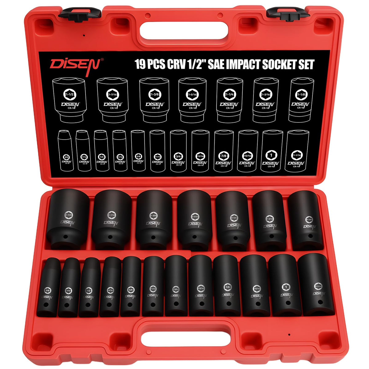 DISEN 19 Pcs 1/2" SAE Impact Socket Set, Deep Sockets 3/8"- 1-1/2", 6-Point Cr-V & Alloy Steel, 1/2 Inches Drive Impact Socket Set,Rugged Construction, Enhanced Storage Case