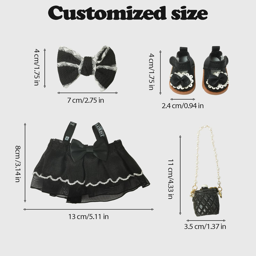 Clothes Compatible with LABUBU Doll – 4PCS Black Classic Dress Set, 17cm Doll Clothes Designer Outfit for Balletcore Elegance Theme, Chic Stylish Accessories for Labubu, No Doll (Black Swan Belle)