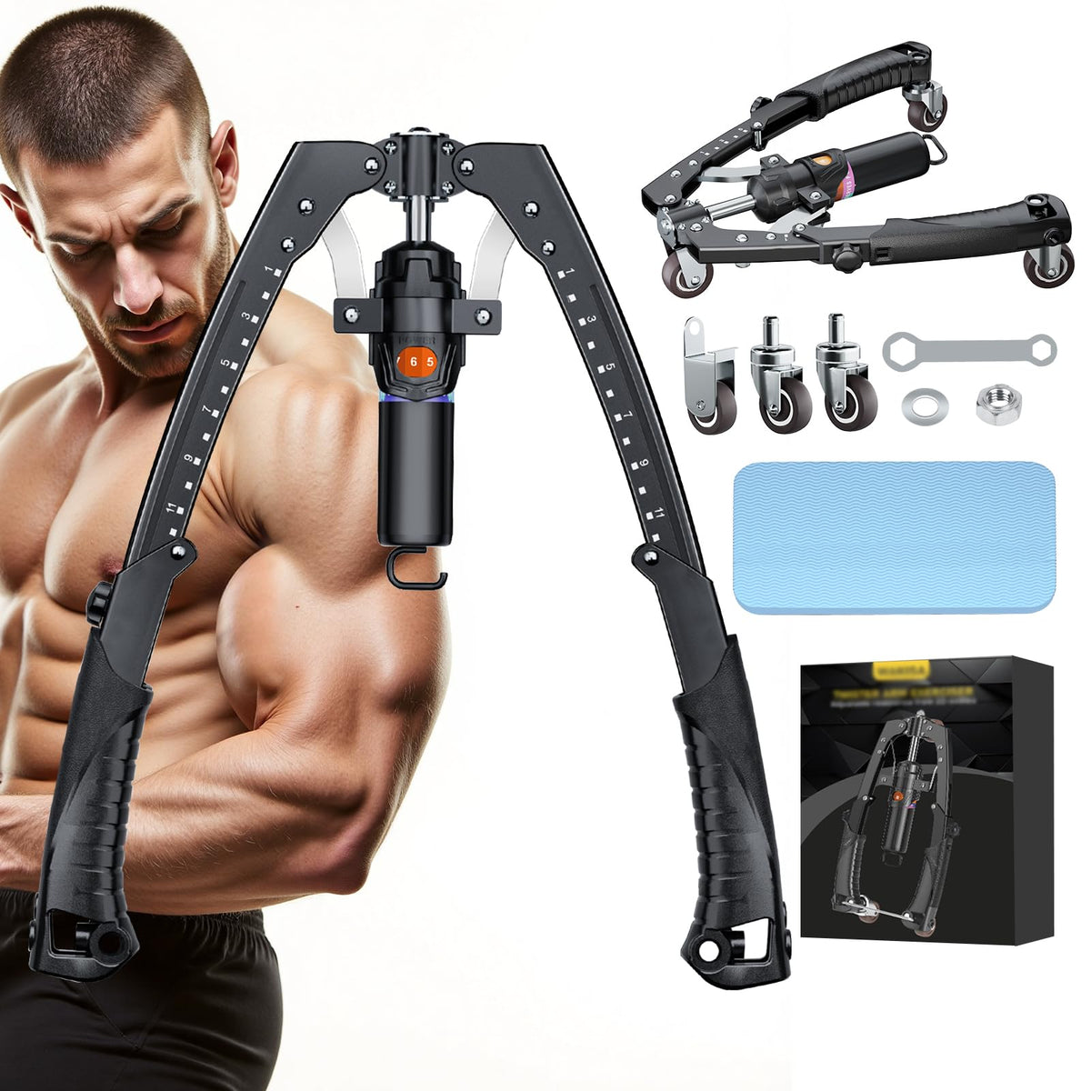Twister Arm Trainer, 3 in 1 Hydraulic Power Chest Workout Equipment with Ab Roller Wheels and Hooks, Adjustable 22-440lbs Arm Trainer for Men Women, Home Gym Equipment for Full Body Strength Training