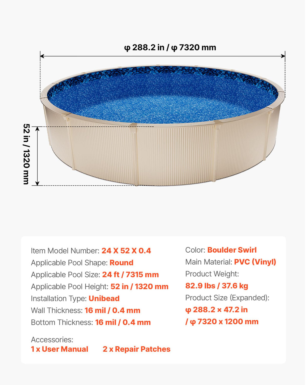 VEVOR 24-ft Round Above Ground Pool Liner, Unibead Pool Liners, Upgraded Thickened Gauge, 52inch Wall Height, Designed for Steel Sided Above-Ground Swimming Pools