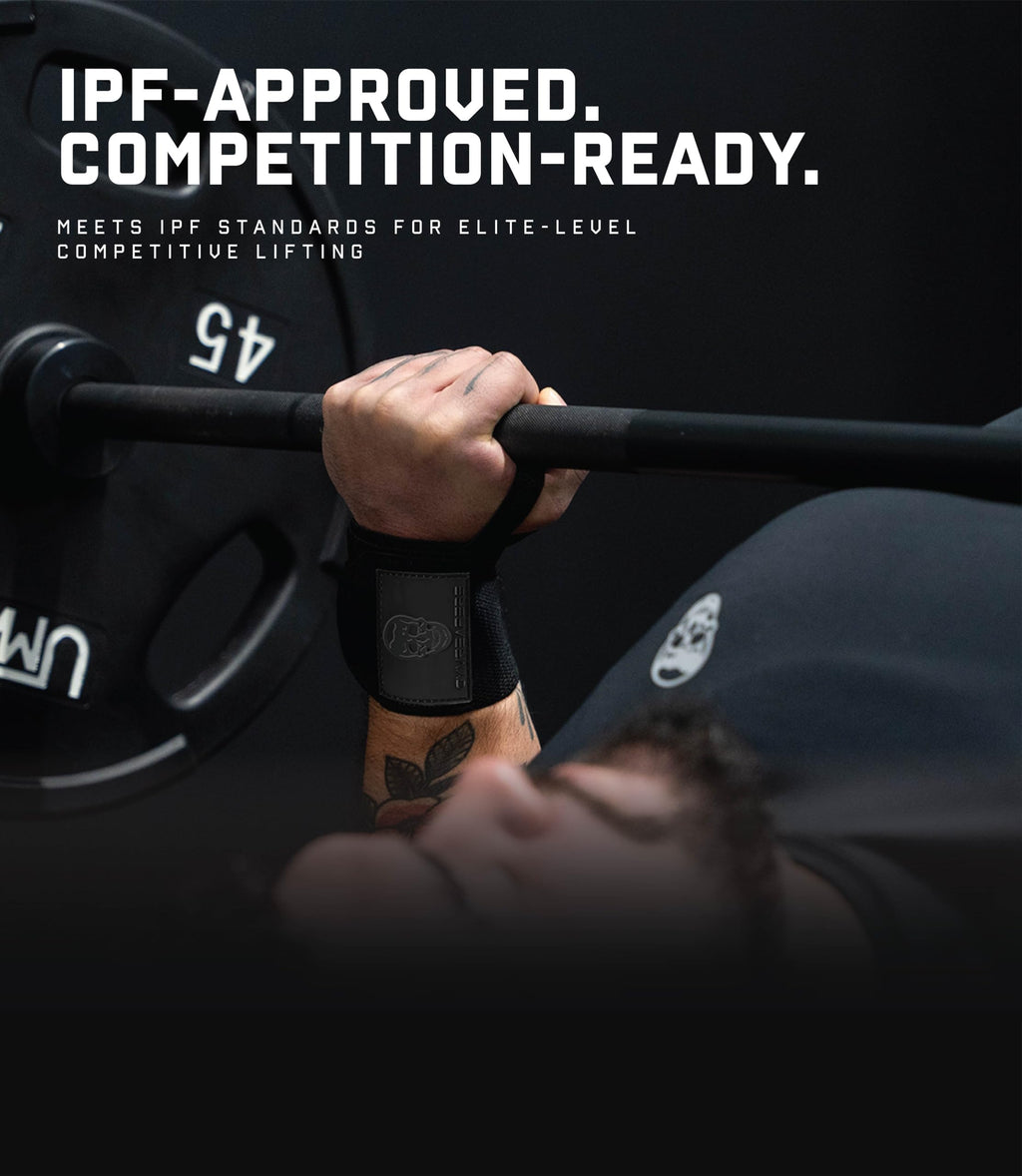 Gymreapers Weightlifting Wrist Wraps (IPF Approved) 18" Professional Quality Wrist Support with Heavy Duty Thumb Loop - Best Wrap for Powerlifting Competition, Strength Training, Bodybuilding (Black/Rubber, 18")