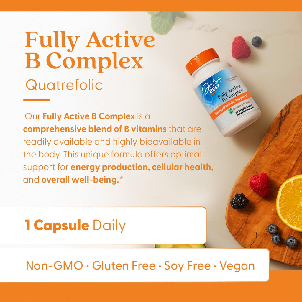 Doctor's BEST Fully Active B Complex, Energy & Cellular Support, Non-GMO, Gluten Free, Soy Free, Vegan 30 Veggie Caps,(Pack of 2)