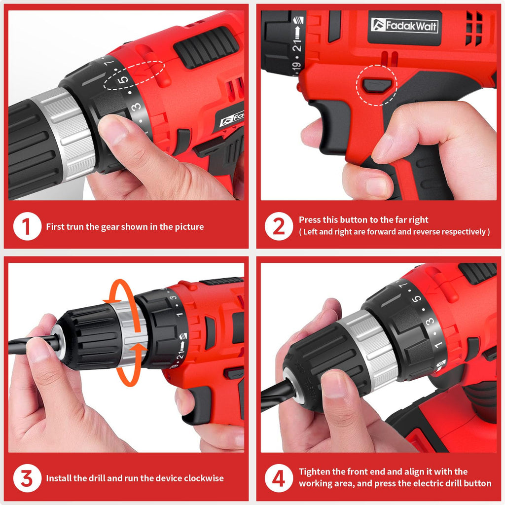 FADAKWALT Cordless Drill Set, 20V Electric Power Drill With Battery And Charger, 30N Torque, 21+1 Settings, 3/8-Inch Keyless Chuck, Driver Bits Kit, LED Light (Red）