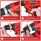 FADAKWALT Cordless Drill Set, 20V Electric Power Drill With Battery And Charger, 30N Torque, 21+1 Settings, 3/8-Inch Keyless Chuck, Driver Bits Kit, LED Light (Red）