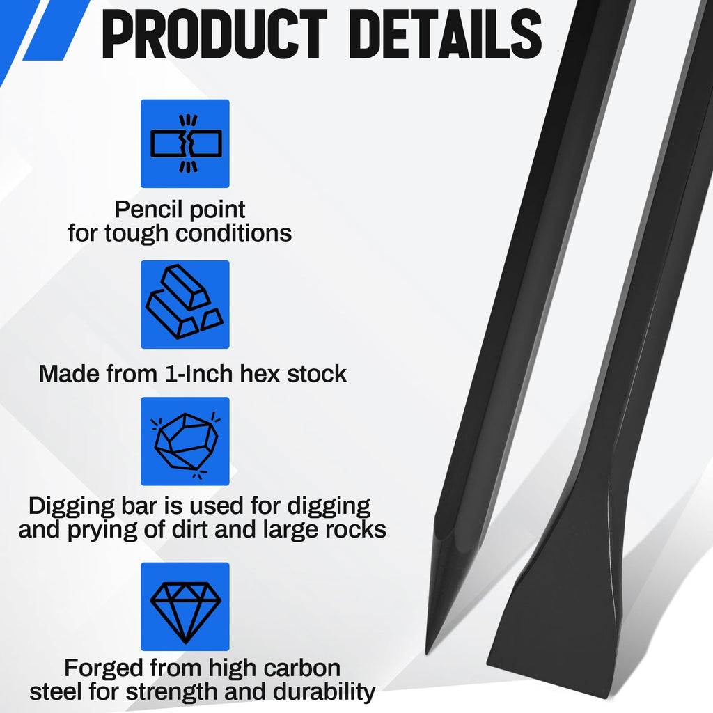 Leriton 60" (5ft) Chisel Digging Bar 13Lb (6.2kg) Pencil Point Wrecking Pry Road Bar Post Hole Diggers for Digging Prying of Dirt and Large Rocks
